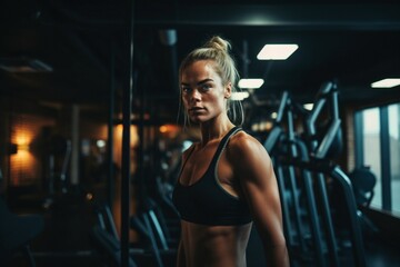 Fototapeta na wymiar Determined Fitness: A Close-Up View of a Young Woman's Gym Perseverance and Vitality