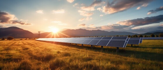 photovoltaic big solar panels in countryside in sunset, green energy concept, Generative AI