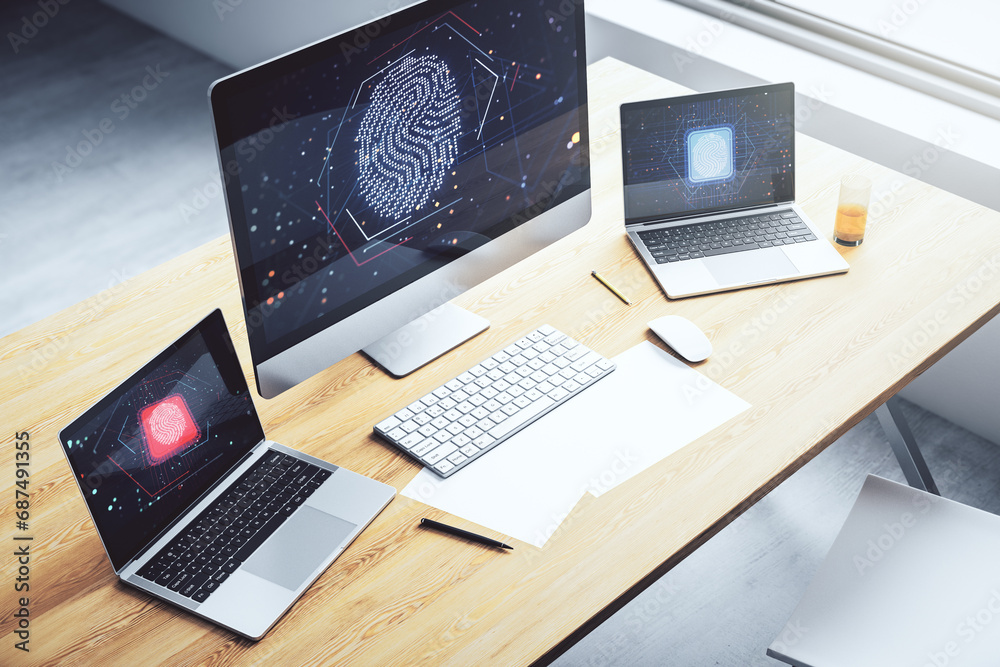 Poster Modern computer display with abstract graphic fingerprint sketch, fingerprint scan data concept. 3D Rendering