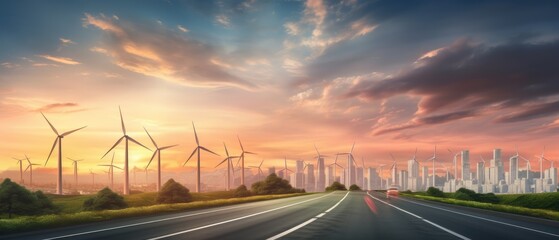 Long road on wind turbines produce electricity filed in sunset with blurred big city background, Renewable Energy Green energy in full development, Generative AI