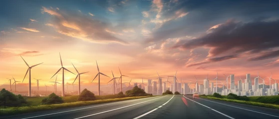 Muurstickers Long road on wind turbines produce electricity filed in sunset with blurred big city background, Renewable Energy Green energy in full development, Generative AI © khwanchai