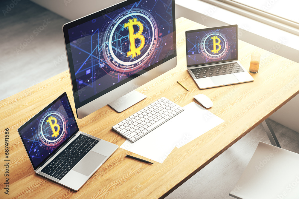 Poster creative bitcoin concept on modern laptop screen. 3d rendering