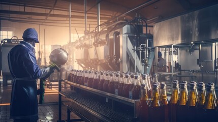 man overseeing the production of beer bottles on a conveyor belt in a factory, Generative AI.