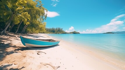 Canoe on the tropical sandy beach. Beautiful summer landscape of tropical island with boat in ocean. Transition of sandy beach into turquoise water. 