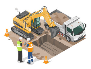 backhoe working at construction site with dump truck isometric and enginneer working with worker islolated cartoon - obrazy, fototapety, plakaty