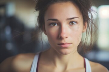 Fitness Perseverance: Young Woman's Close-Up Face Shows Determination and Vitality in Gym Session