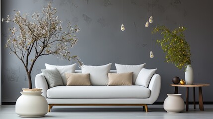 Modern white designer sofa with cushions in middle of minimalistic living room