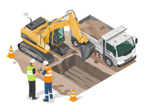 backhoe working at construction site with dump truck isometric and enginneer working with worker islolated cartoon