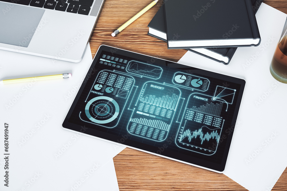 Fototapete Top view of modern digital tablet display with abstract creative analytics data spreadsheet, analytics and analysis concept. 3D Rendering