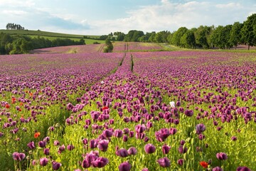 Flowering opium poppy field, in Latin papaver somniferum