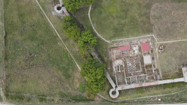 Aerial view of ruins of ancient Roman city Nicopolis ad Nestum near town of Garmen, Blagoevgrad Region, Bulgaria