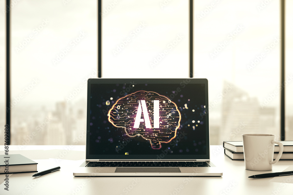 Poster creative artificial intelligence concept with human brain sketch on modern laptop monitor. 3d render