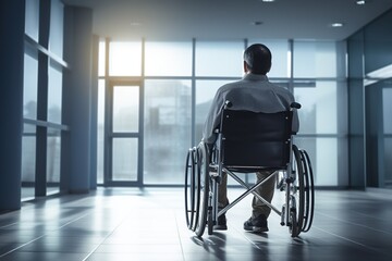 Disabled man on wheelchair in hospital, copy space