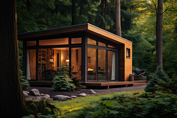 tiny house design in the woods. small wooden cabin house - Powered by Adobe