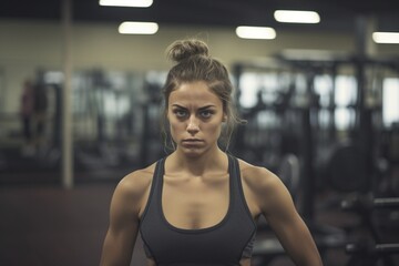 Fototapeta premium Face of Perseverance: Young Woman in Gym Exhibits Determination and Vitality in Close-Up View