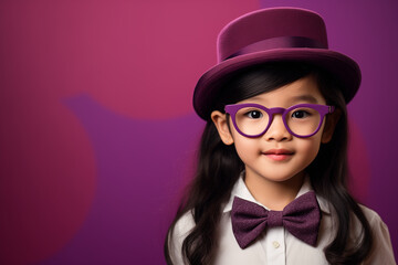 a 5 Year old chinese girl wearing big eyeglasses, hat and bowtie, pastel purple background