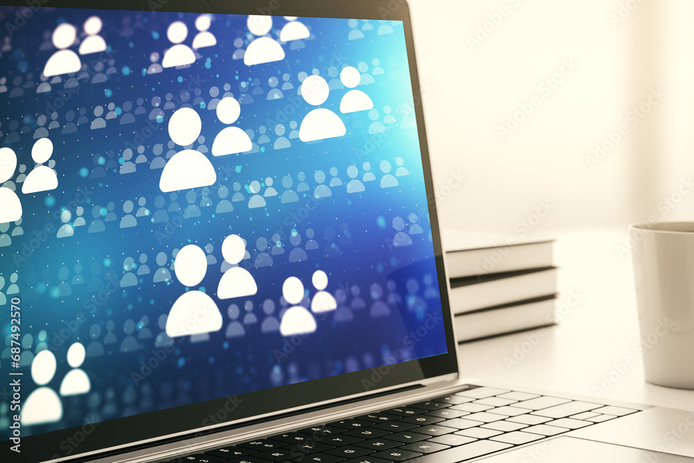 Poster Modern computer display with social network icons concept. Networking concept. 3D Rendering