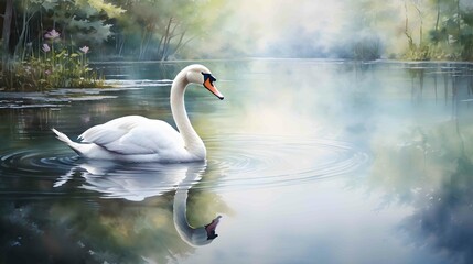 watercolor of swan gliding on a lake