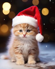 Cute little orange kitten with santa hat on bokeh background