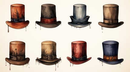 Set of vintage top hats. Cylinder hats isolated on white background - obrazy, fototapety, plakaty