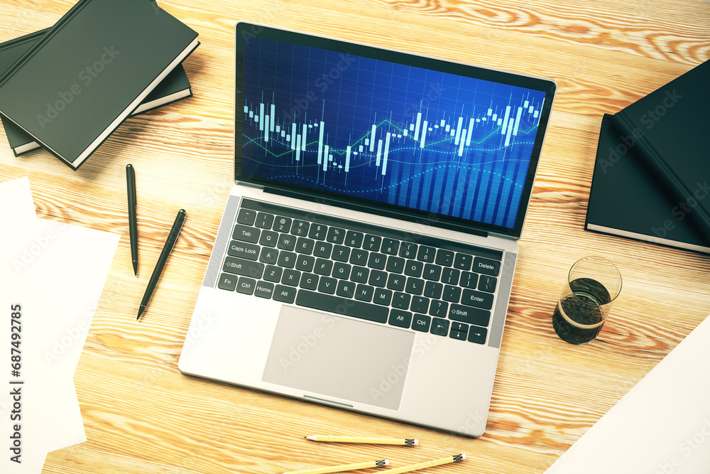 Poster computer monitor with abstract financial graph, finance and trading concept. 3d rendering