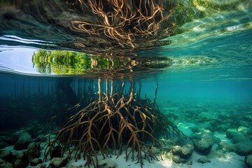 Fototapeta na wymiar Mangrove trees roots, above and below the water in the Caribbean sea