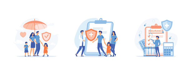 Fototapeta premium Health and life insurance concept, Doctor and Patients in Hospital filling Health, Man fills out health insurance. Health Insurance set flat vector modern illustration 