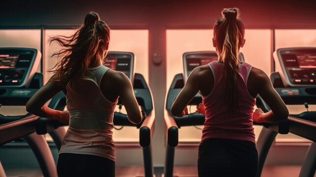 Two athlete women running on treadmills in a gym