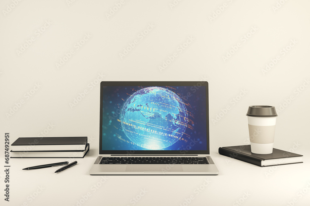 Leinwandbilder computer monitor with abstract creative programming illustration and world map, big data and blockch
