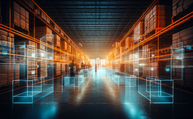 Futuristic automated warehouse interior with digital inventory holograms, glowing lines, and autonomous robots transporting goods in a modern distribution center at sunrise - obrazy, fototapety, plakaty