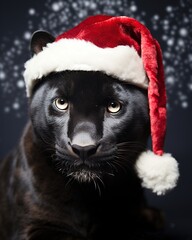 Black panther with red santa hat on dark background, closeup