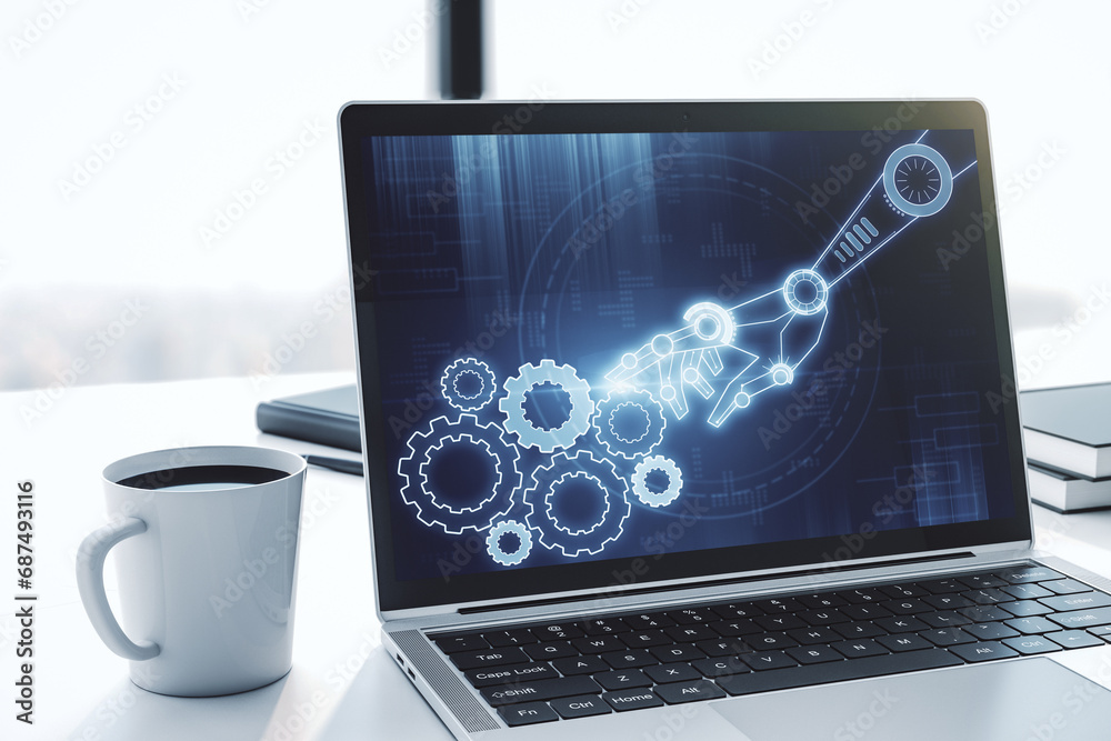 Aufkleber Creative abstract robotics technology sketch on modern laptop monitor, future technology and AI concept. 3D Rendering