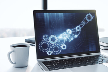 Creative abstract robotics technology sketch on modern laptop monitor, future technology and AI...