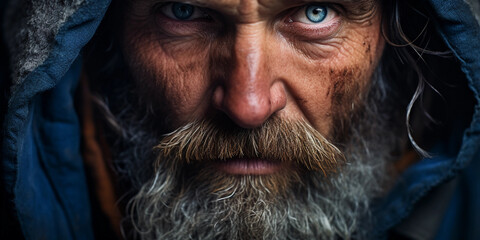weathered face, deep life lines, piercing blue eyes, rugged beard