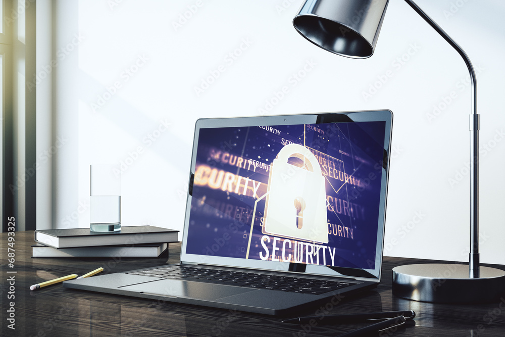 Fototapete computer monitor with creative light lock illustration and microcircuit, cyber security concept. 3d 