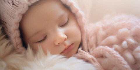 Newborn baby portrait, soft pink and white tones, gentle wrap, sleeping peacefully, soft-focused nursery background - obrazy, fototapety, plakaty