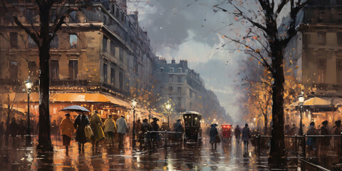 Portrait of a street scene at dusk, bustling city life, soft focus, Parisian ambiance, warm glowing street lamps