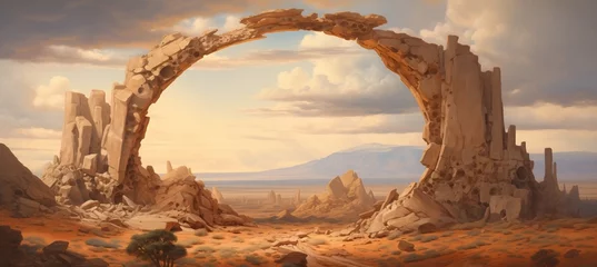 Wall murals Beige Ancient sandstone portal rift ruins gateway located in a remote part of a vast dry desert landscape - mysterious origins - lost annunaki alien technology - science fiction inspired painting. 