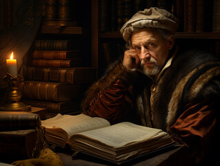 Fototapeta na wymiar Renaissance scholar portrait, male, in a study surrounded by ancient tomes, feather quill in hand, wearing a velvet doublet, furrowed brow