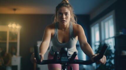 Fototapeta na wymiar Focused young woman tackles fitness training on digital bike