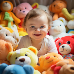 Six-month-old baby portrait, vibrant primary colors, bright-eyed with a big smile, colorful soft toys in the background