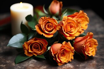 Fiery orange roses nestle by a flickering ivory candle