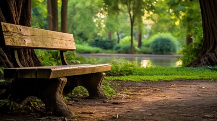 Naklejka premium In the old wood park a natural and relaxing outdoor bench sits amidst the green garden providing a fresh air experience and a green park background for those seeking solace in nature