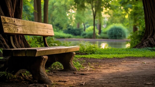 In the old wood park a natural and relaxing outdoor bench sits amidst the green garden providing a fresh air experience and a green park background for those seeking solace in nature
