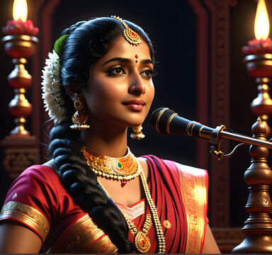 Harmony Unveiled: Capturing the Elegance of an Indian Woman Playing Classical Music, a Journey through Hindustani and Carnatic Traditions. generative AI