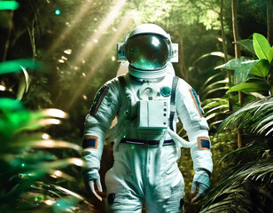 Cosmonaute explorant une forêt tropicale vu de face