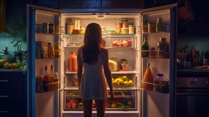 Young woman opening her refrigerator door at night
