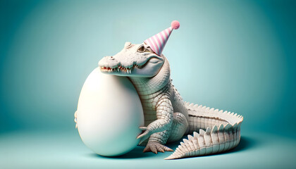 Funny crocodile with a beautiful egg in its hand and a birthday hat