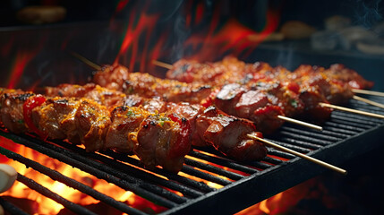 skewers of meat being cooked on a grill. gourmet grilled meat skewers
