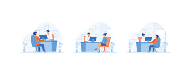 Man at the doctors appointment, doctor consultation, Man Talking with Woman Doctor in Office. Medical Consultation set flat vector modern illustration